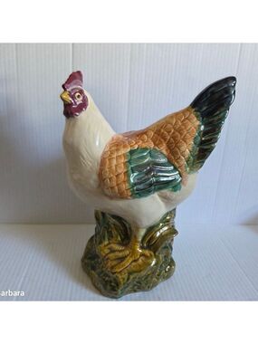 Vintage Large Mid-century French Majolica Earthenware Hand-painted Hen